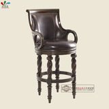 美式全实木真皮艺吧椅欧美古典风格高脚吧椅法式雕花复古吧椅定制