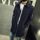 2015秋季男士薄款风衣韩版条纹中长款外套男青年薄夹克外衣男装潮