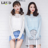 LRUD2016秋季新款韩版圆领套头镂空针织衫女纯色宽松薄款长袖罩衫