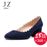 JUZUI/玖姿女鞋 羊反绒圆头中跟浅口高跟鞋 优雅舒适真皮粗跟单鞋
