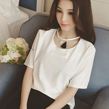 女士白色t恤短袖韩版夏装项链半袖圆领大码宽松流苏上衣服体恤女