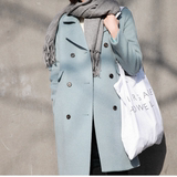 2015冬装新款韩国东大门宽松显瘦中长款毛呢外套水蓝呢子大衣女潮