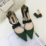 女式鞋子春款 韩版时尚性感交叉松紧绑带绒面尖头中跟单鞋绿色