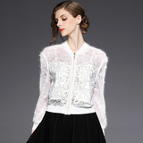 白色黑色貂绒蕾丝 2016春季新款 铆钉钉珠修身长袖超短款外套女