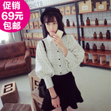 现货 2015 韩版气质淑女格子灯笼袖衬衣女款 背后大蝴蝶结衬衫