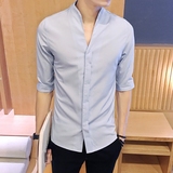夏季短袖衬衫男韩版修身薄款男士中袖衬衣立领七分袖衬衫男装潮