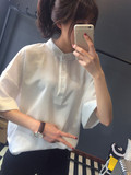 2016夏季女学生衬衫中袖立领修身韩版白衬衣宽松显瘦纯棉打底衫