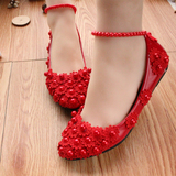 平底红色珍珠婚鞋蕾丝花新娘鞋软底孕妇红鞋演出拍照韩版礼服鞋女