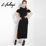 hodoyi2016夏装新款女装黑色修身开叉长裙露肩休闲中袖T恤连衣裙