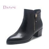 Daphne/达芙妮2015冬季女靴 尖头粗跟头层牛皮拉链短靴1015605093
