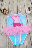 2016新款佩佩猪女童裙式儿童装女宝宝比基尼条纹游泳衣连体粉红猪