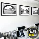 江南水乡黑白横风景画中式客厅装饰画有框画三联墙画餐厅挂画壁画