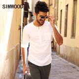 Simwood2016夏装新品休闲男修身纯色七分袖衬衫潮男棉麻套头衬衣