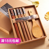 日式纯天然原木筷子饭勺套装 无漆无蜡实木筷子5双+1饭勺礼盒套装