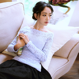 蕾丝衫 2016春夏新款韩版显瘦性感一字领长袖针织棉女蕾丝上衣女
