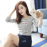 熙汐长袖条纹T恤女 2016秋季新款 韩版修身型一字领打底衫上衣