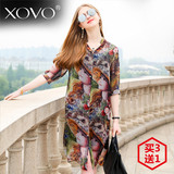 XOVO夏季新款欧美风印花真丝衬衫女士中长款中袖复古桑蚕丝衬衣