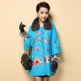 欧洲站2015秋冬新款女装中国民族风刺绣花大码薄羊毛呢子大衣外套