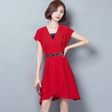 2016夏季新款V领修身显瘦气质雪纺连衣裙女性感收腰短袖红色裙装