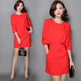 夏装时尚韩版小香风五分袖宽松雪纺短裙套装红色假两件连衣裙女