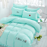 韩版水洗棉四件套床上用品外贸四件套床单被套枕套水蓝色