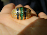 撞色70年代古董18K黄金镶嵌天然祖母绿蓝宝石钻石戒指14号