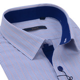 Romon/罗蒙衬衫 男士长袖蓝色格子纯棉全棉商务修身男装衬衣