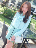韩版女人味气质湖水蓝纯色领口蝴蝶结长袖雪纺丝滑衬衫衬衣女夏季