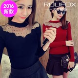 春装女上衣2016新款韩版大码女装打底衫修身显瘦长袖t恤女蕾丝衫