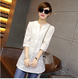实拍8335韩版女装欧根纱刺绣白色衬衣显瘦中长款长袖衬衫
