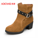 Aokang/奥康女鞋正品真皮侧拉链中跟方跟短筒磨砂皮保暖棉鞋棉靴