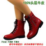 2015冬季新款马丁靴加绒平底短靴真皮平跟短筒女靴子红色学生女鞋