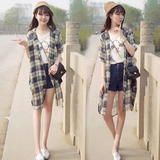 韩国版新品夏季女装复古格子宽松休闲雪纺中长款防晒透视衬衫外套