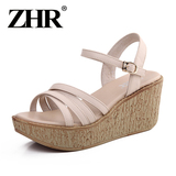 ZHR2015夏季女凉鞋防水台坡跟厚底松糕凉鞋高跟罗马女鞋学生潮M09