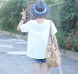 日本原单外贸夏新款宽松短袖棉体恤后背拼接雪纺百褶T恤上衣女
