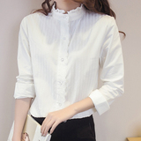 韩版修身甜美白衬衣女长袖木耳花边立领纯棉打底衬衫2016春装新品
