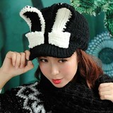 秋冬韩版兔耳朵棒球帽女士手工毛线帽子可爱黑色毛线帽秋冬保暖帽