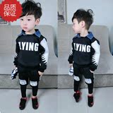 秋款韩版男童装2潮范3翅膀印花5黑色卫衣假两件运动长裤两件套6岁