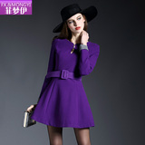 菲梦伊欧美大牌新款女装紫色系带修身连衣裙 加厚长袖冬装连衣裙