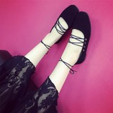 2016韩版秋夏季新款方头绑带芭蕾舞鞋平底系带浅口绒面平跟单鞋女