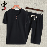 中国风复古纯色麻料男士短袖套装修身亚麻料T恤加肥大码男装短裤