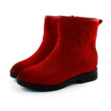 新年红色靴新品真皮擦色牛皮中筒靴低跟坡跟舒适百搭保暖妈妈靴子