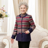 时尚中老年人女装春季新款女外套老奶奶圆领开衫镶钻上衣条纹夹克