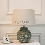 新中式美式乡村绿色手工彩绘雀花鸟陶瓷灯具卧室床头客厅书房台灯