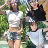 夏季韩版修身外搭高腰露脐短款紧身针织线衫上衣短袖T恤女打底衫