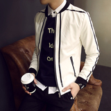 2016春季新款男韩版修身短款立领黑白撞色潮男士皮夹克外套