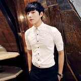 夏季男士衬衫韩版 个性男装修身型半袖碎花刺绣七分短袖潮男衬衣
