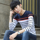 秋季男士韩版上衣服圆领条纹长袖T恤青少年日系体恤潮男装打底衫