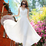 韩版收腰裙子夏季白色无袖连衣裙2016雪纺 时尚高腰甜美显瘦长裙
