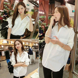 2016春季新款女装韩版纯棉干净宽松的随性白色口袋装饰衬衫衬衣潮